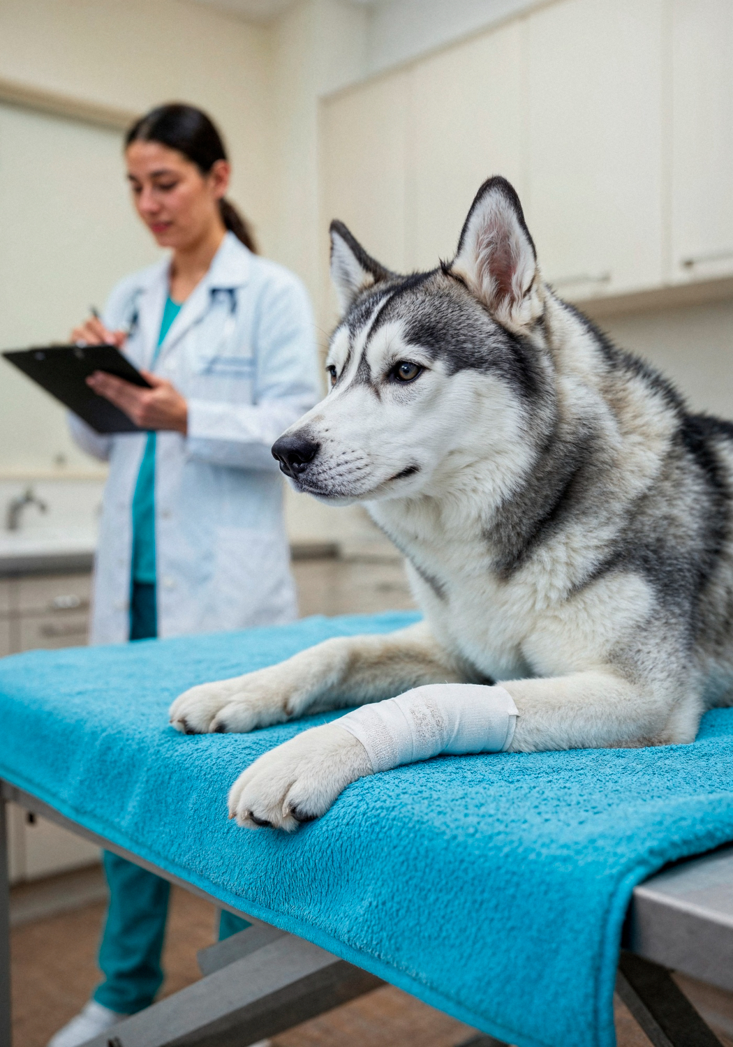 A Siberian Husky with a bandaged leg rests on a table